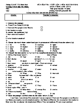 Đề kiểm tra 1 tiết lần 1 môn Tiếng Anh Lớp 6 - Năm học 2015-2016 - Trường THCS Ngô Thì Nhậm